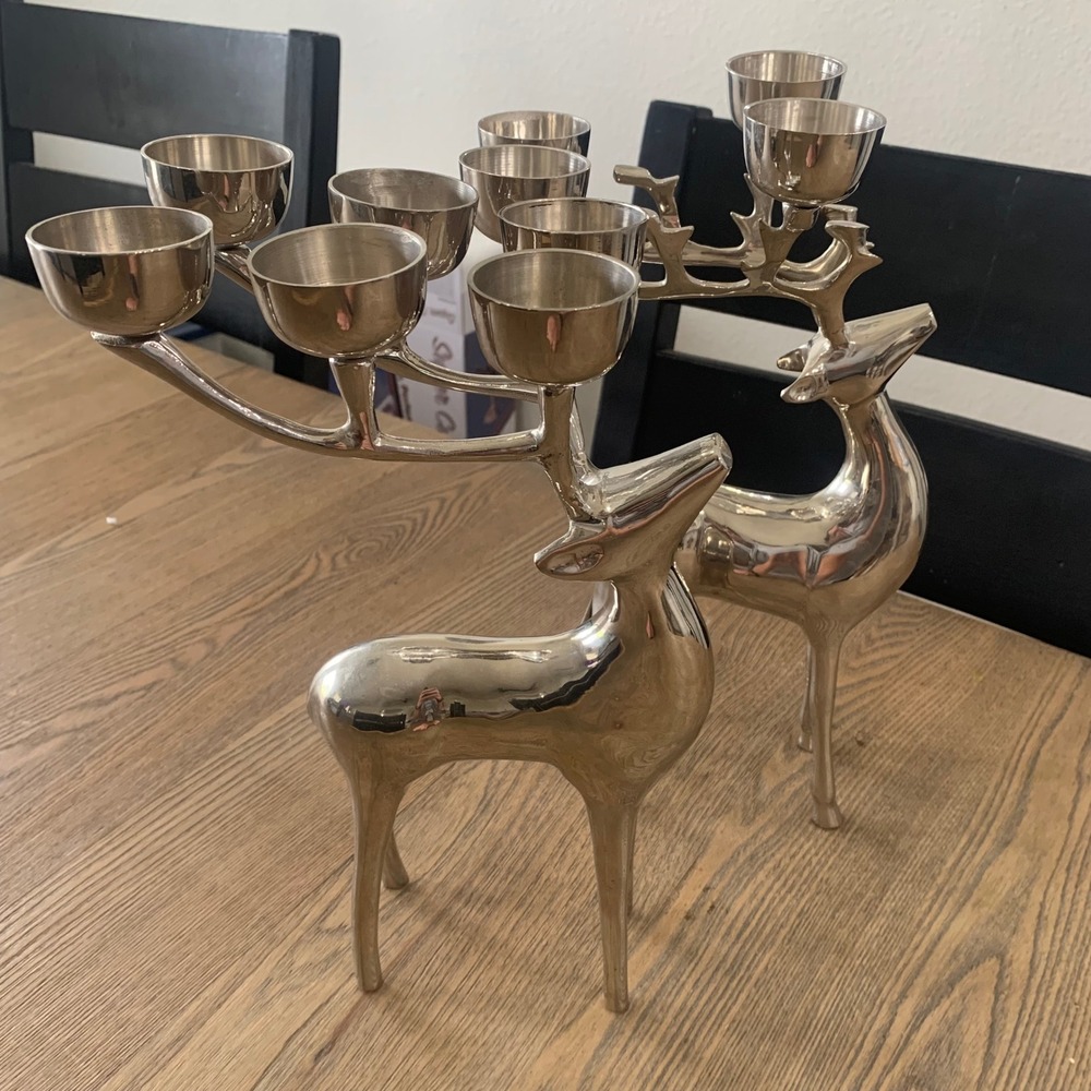 Pottery Barn Silver Reindeer Candelabra Set of 2 Christmas Decor Stag Candle